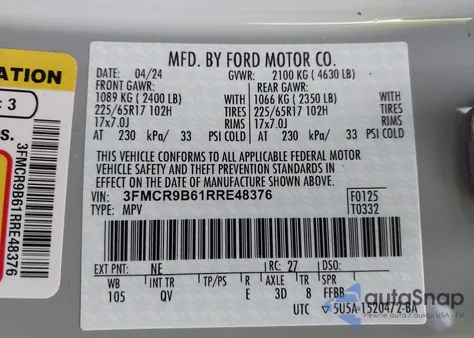 2024 Ford Bronco Sport Big Bend из США, поврежденный, VIN 3FMCR9B61RRE48376